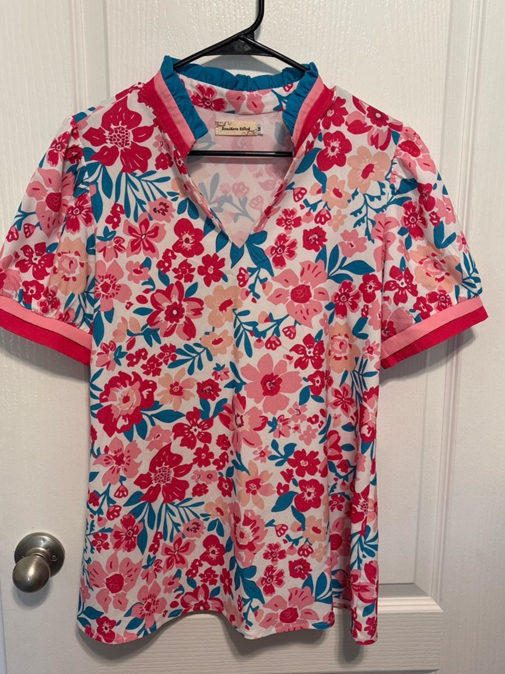 Women's Floral V-Neck Blouse - Pink & Teal